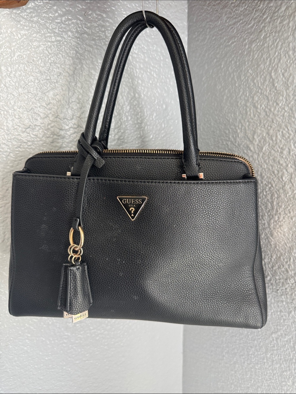 Guess Black Pebbled Satchel with Gold Accents